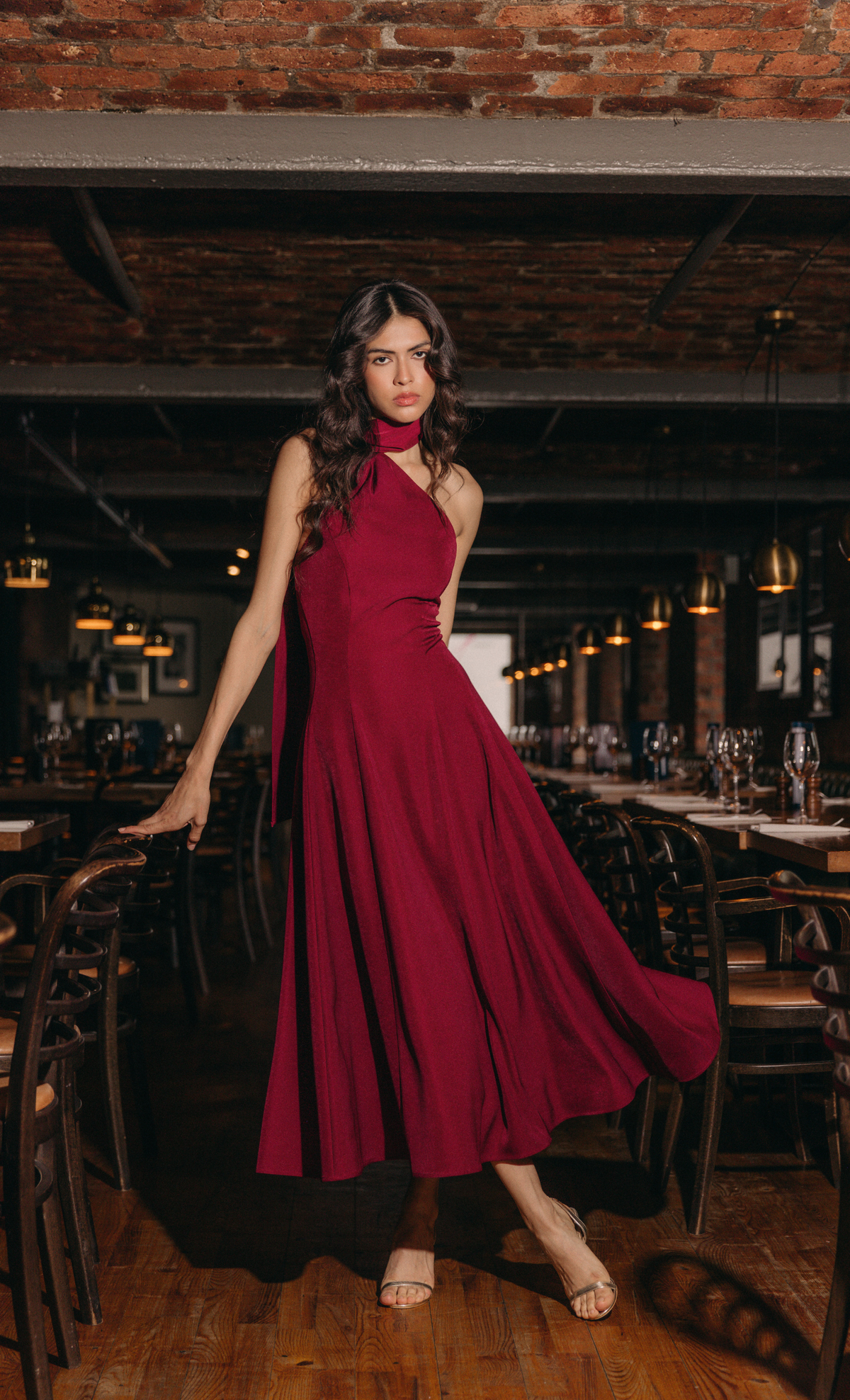 Wine Scarf Detail Midi Dress