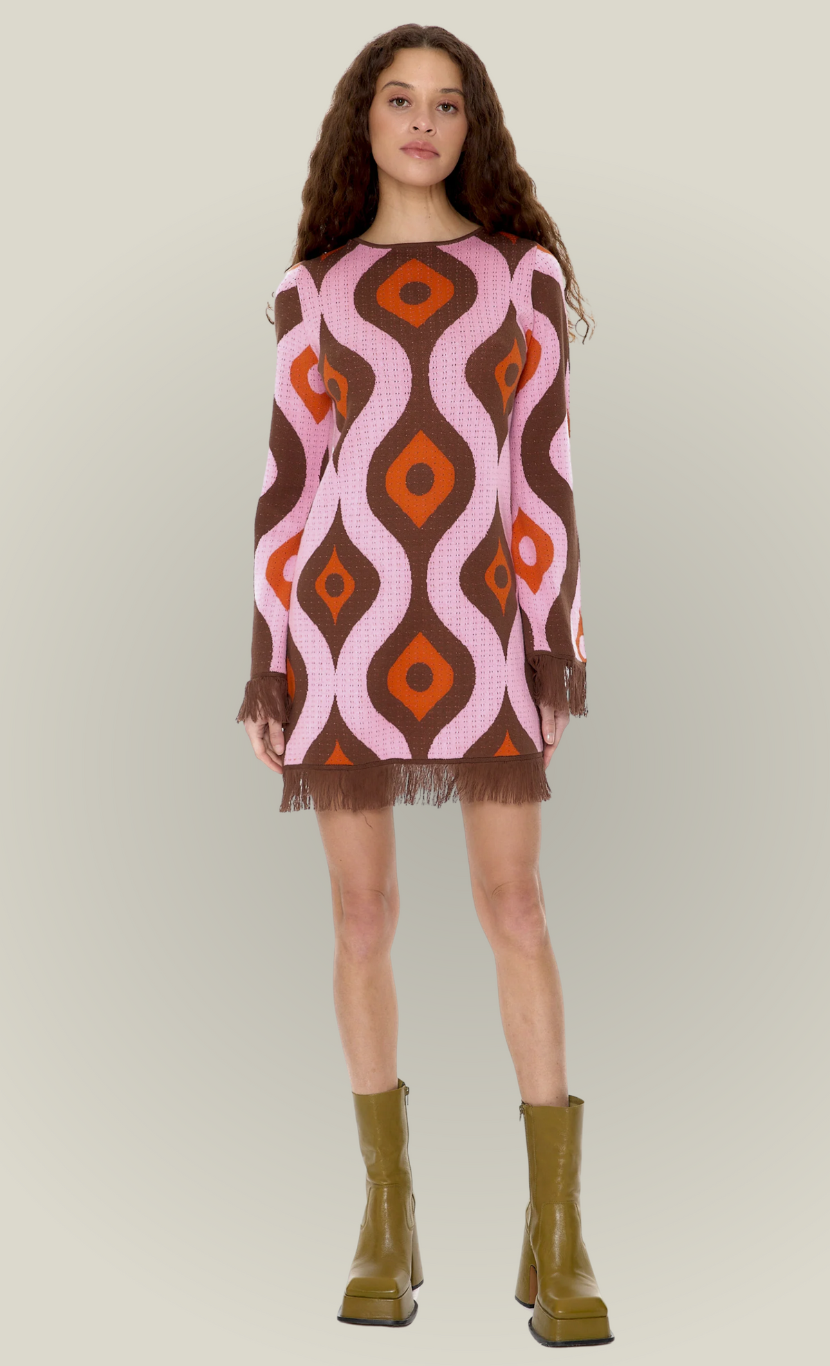 Pink Fringe Knit Mini Dress