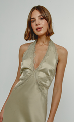Olive Lace Trim Slip Midi Dress