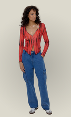 Red Mesh Print Top