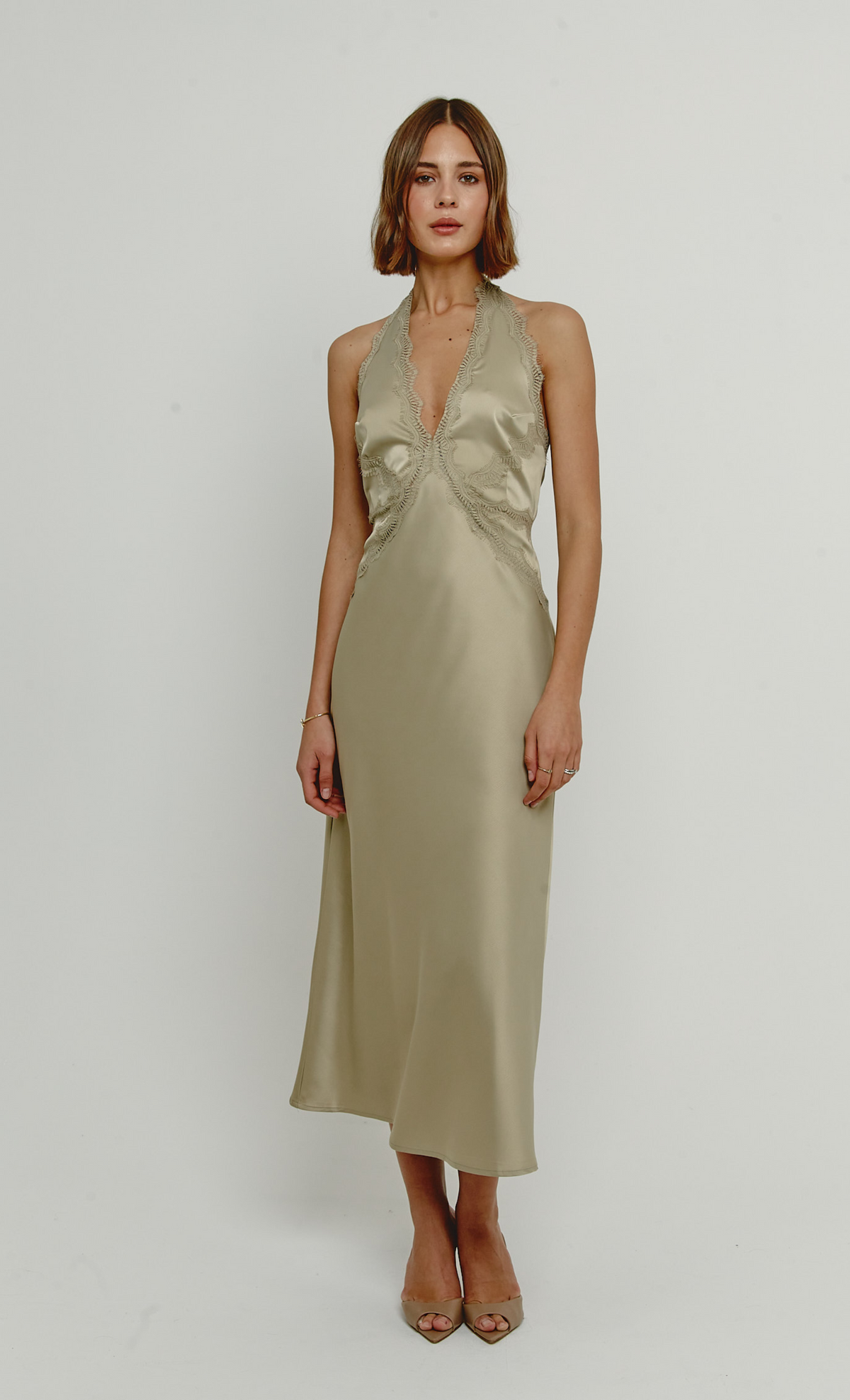 Olive Lace Trim Slip Midi Dress