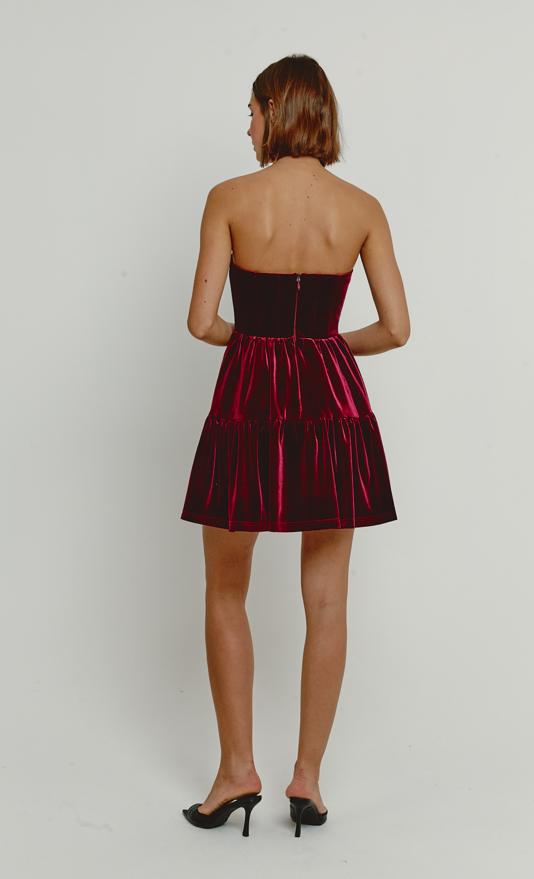 Wine Velvet Bandeau Mini Dress With Bows