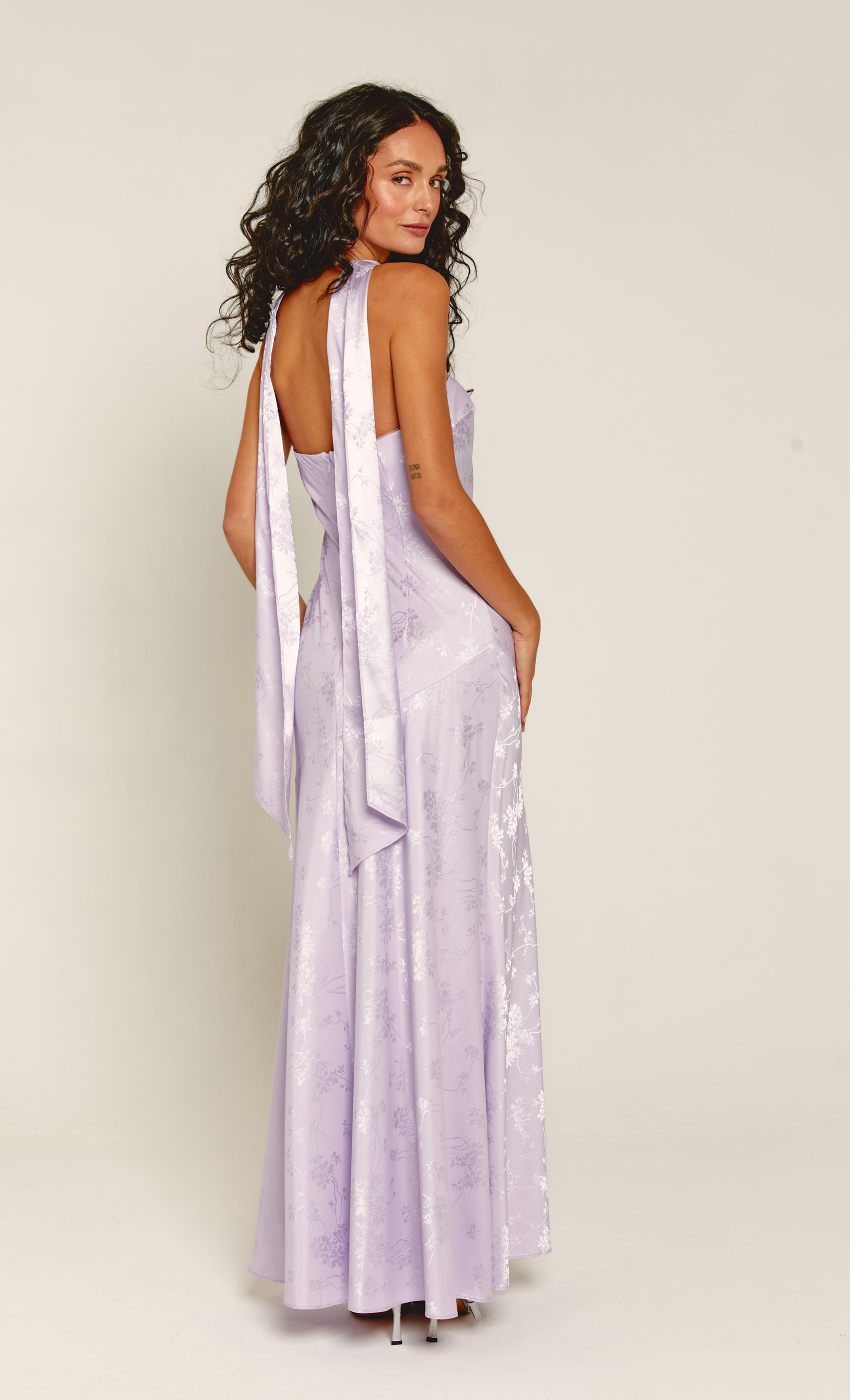 Lilac Bandeau Scarf Satin Maxi Dress