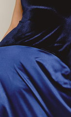 Navy Velvet & Satin Curved Drop Waist Maxi Dress