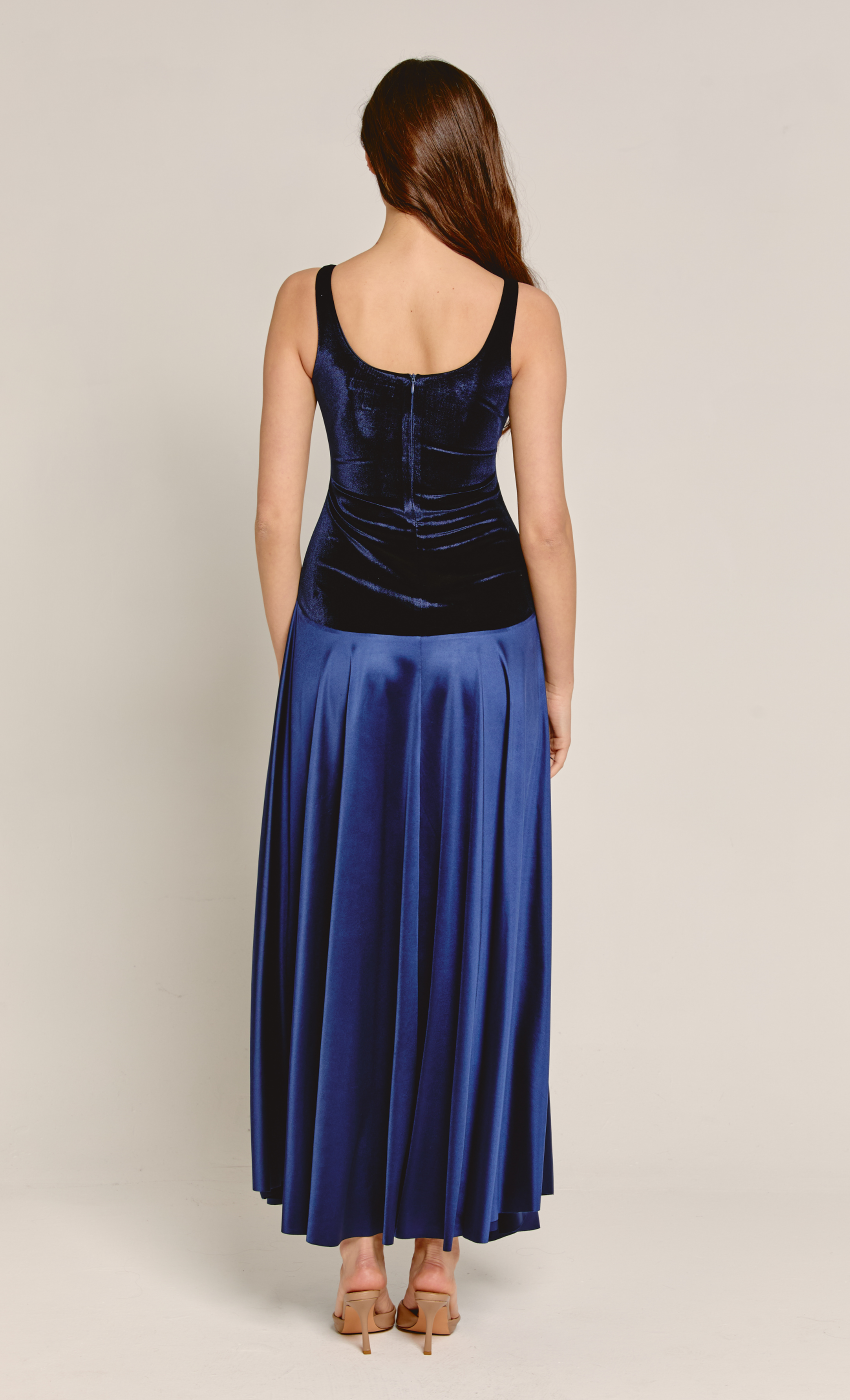 Navy Velvet & Satin Curved Drop Waist Maxi Dress