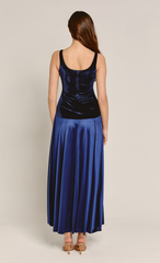 Navy Velvet & Satin Curved Drop Waist Maxi Dress