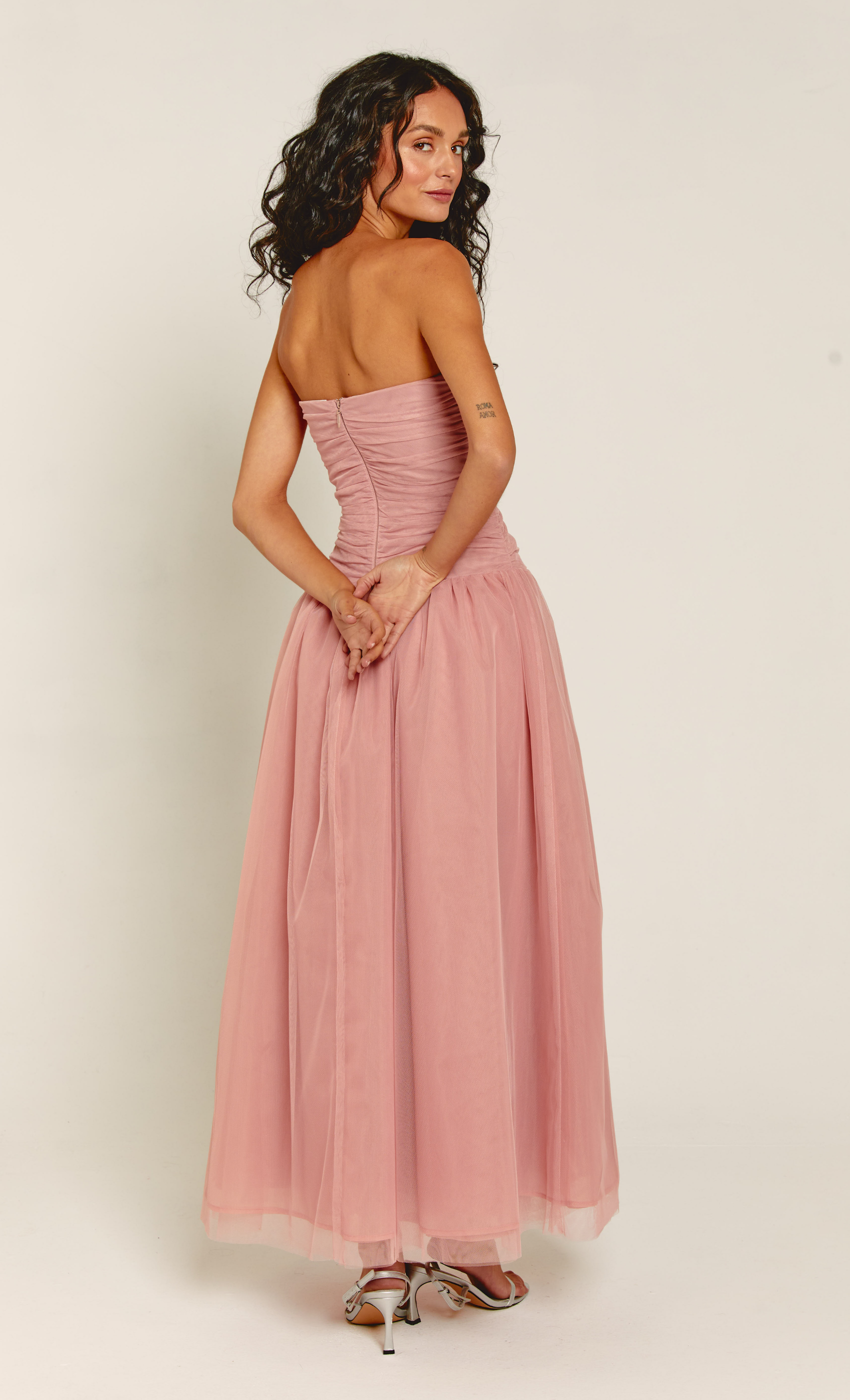 Pink Bandeau Mesh Maxi Dress