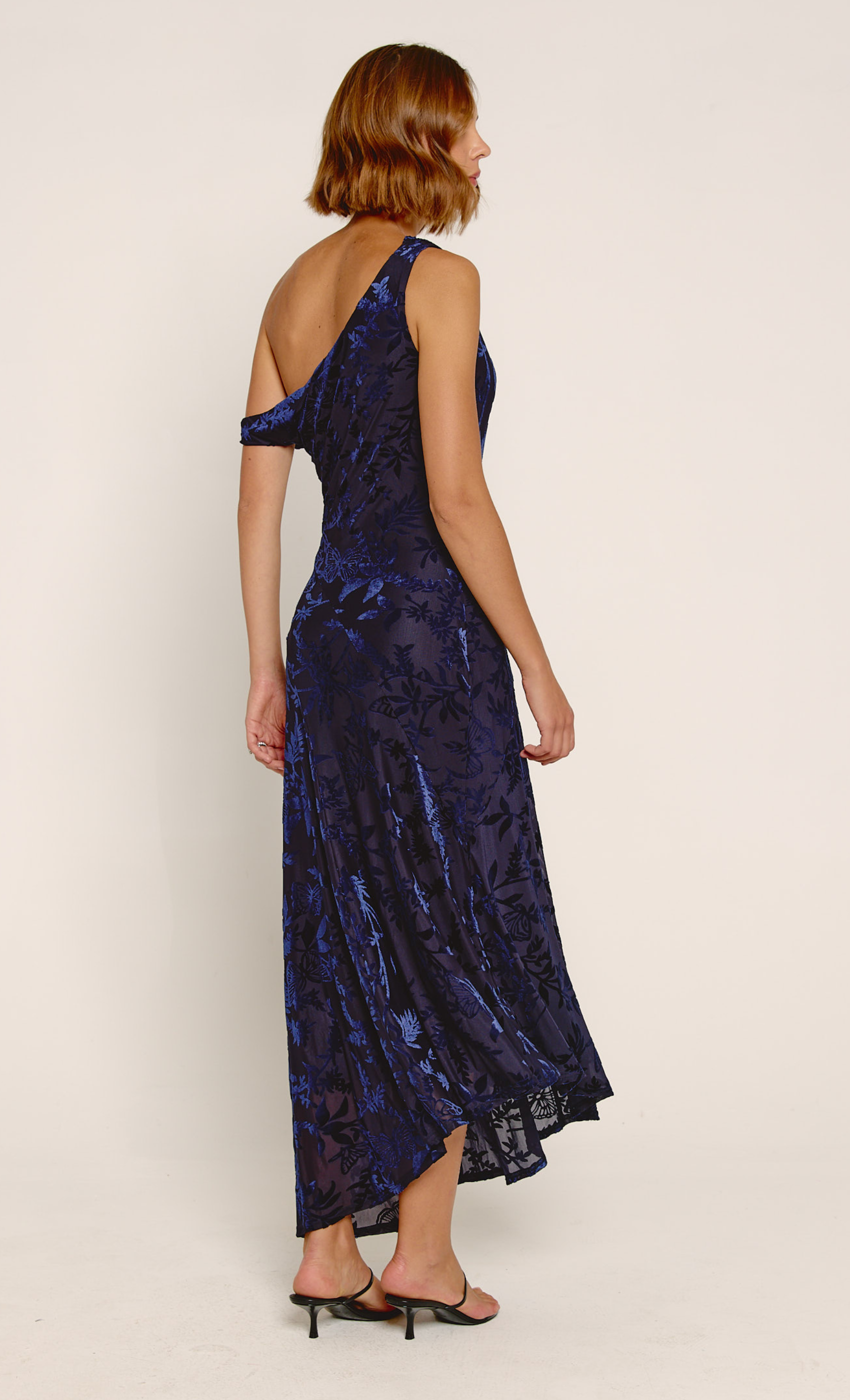 Navy Devore Fallen Shoulder Maxi Dress