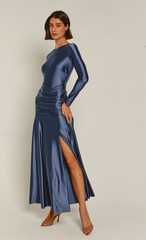 Steel Blue Liquid Jersey Ruched Maxi Dress