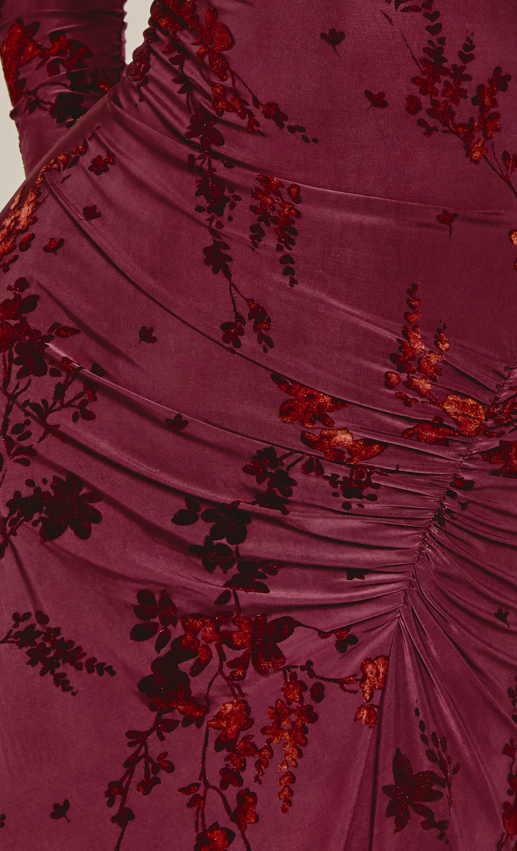 Wine Burnout Ruched Maxi Dress