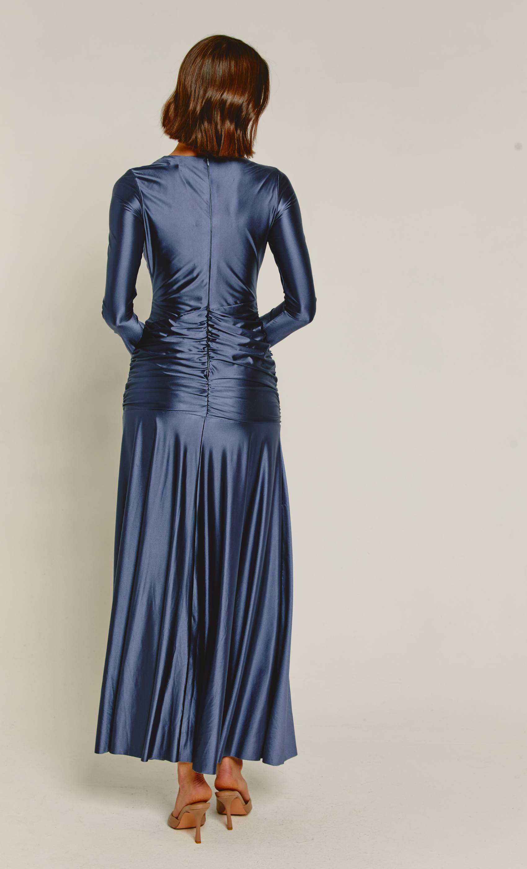 Steel Blue Liquid Jersey Ruched Maxi Dress