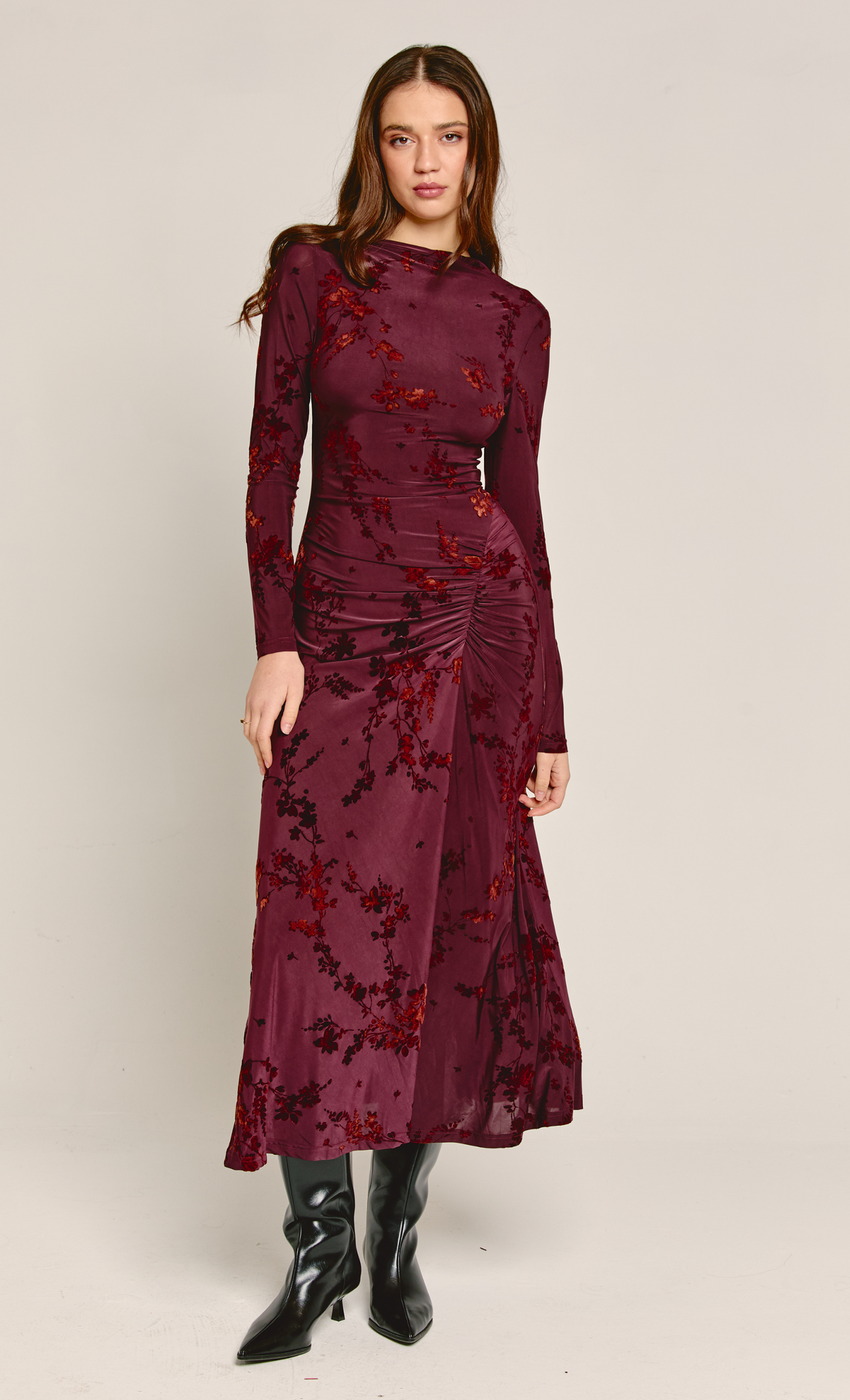 Wine Burnout Ruched Maxi Dress