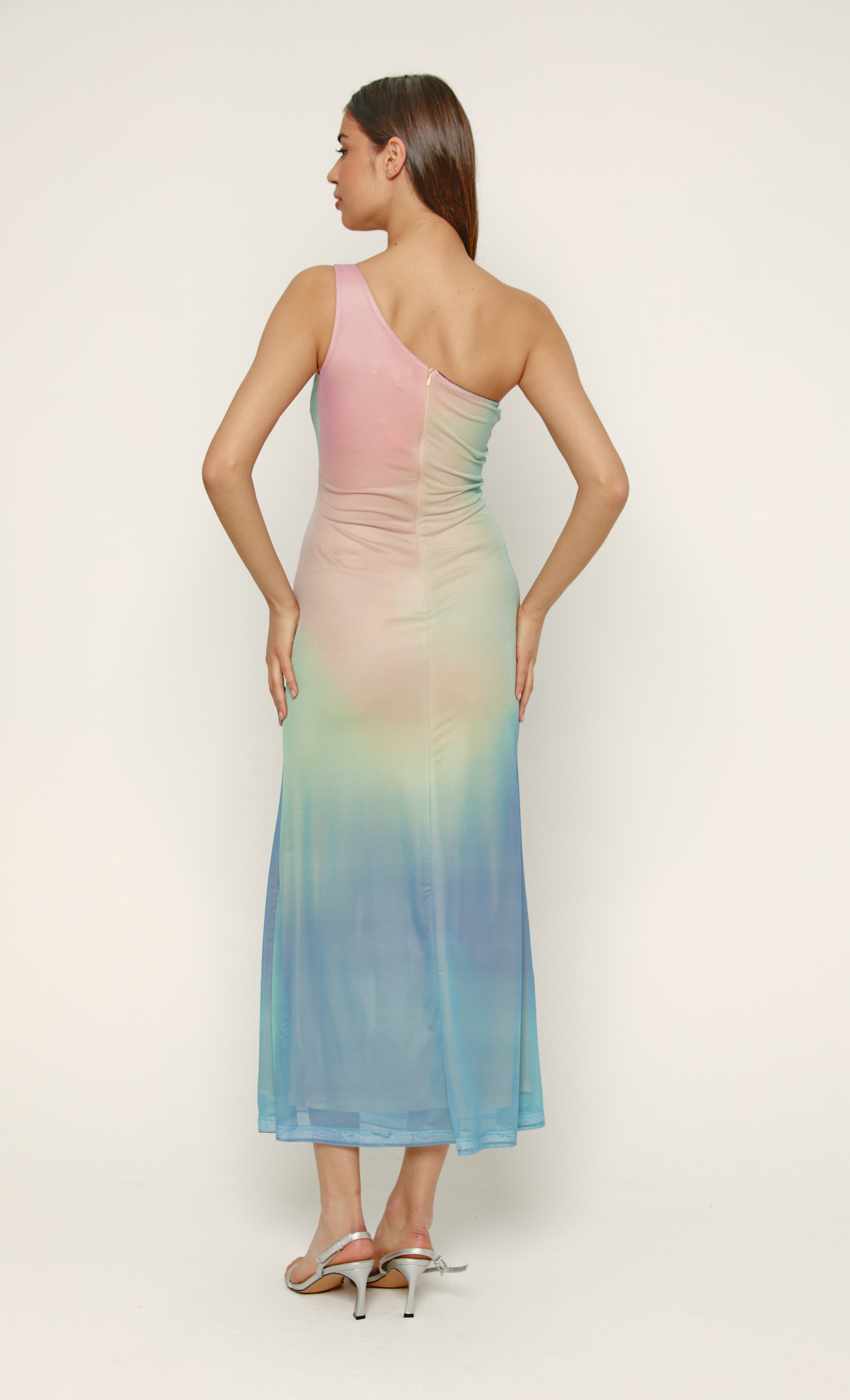 Ombre One-Shoulder Mesh Maxi Dress