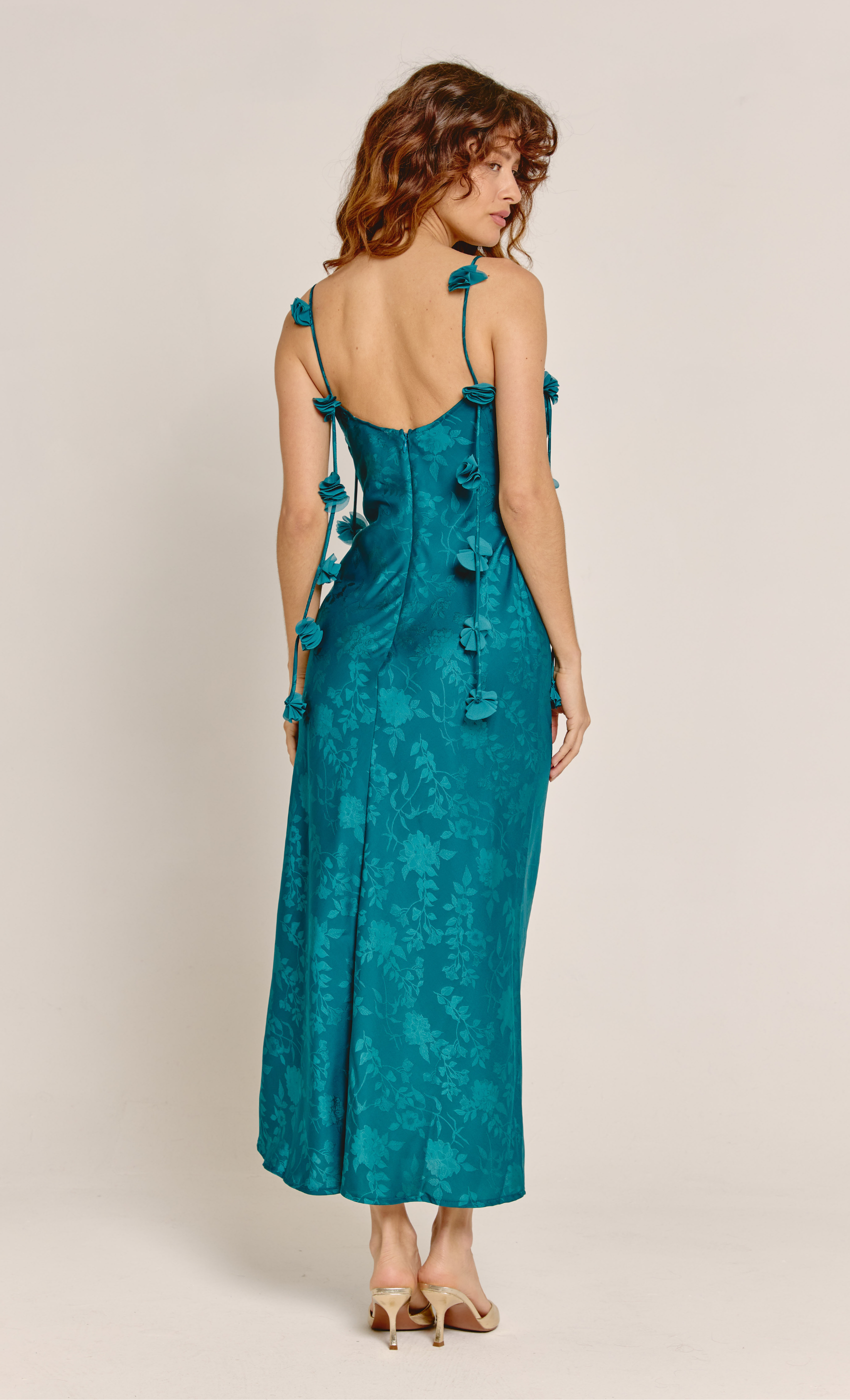 Teal Petal Strap Satin Jacquard Maxi Dress