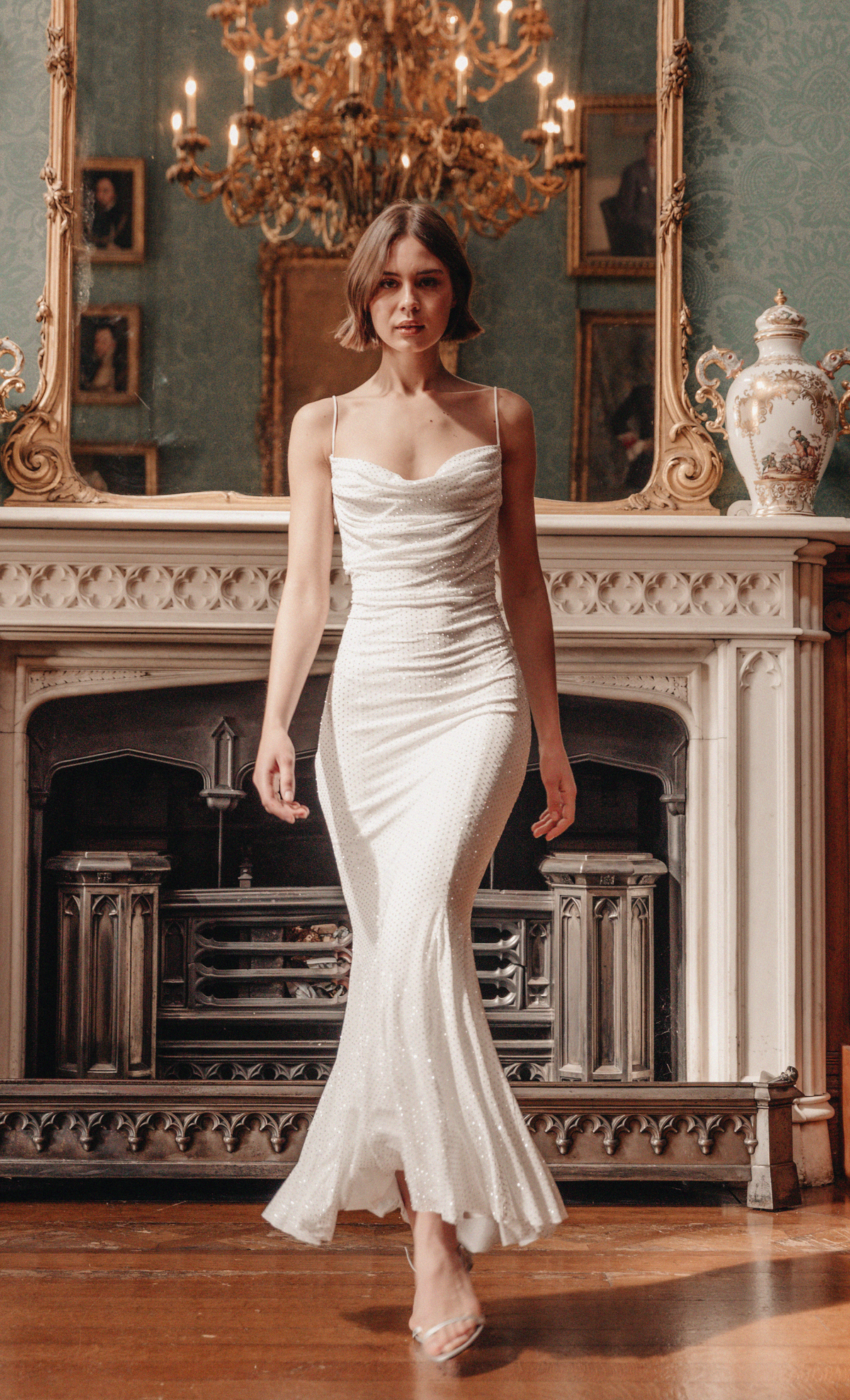 White Diamante Mesh Godet Maxi Dress