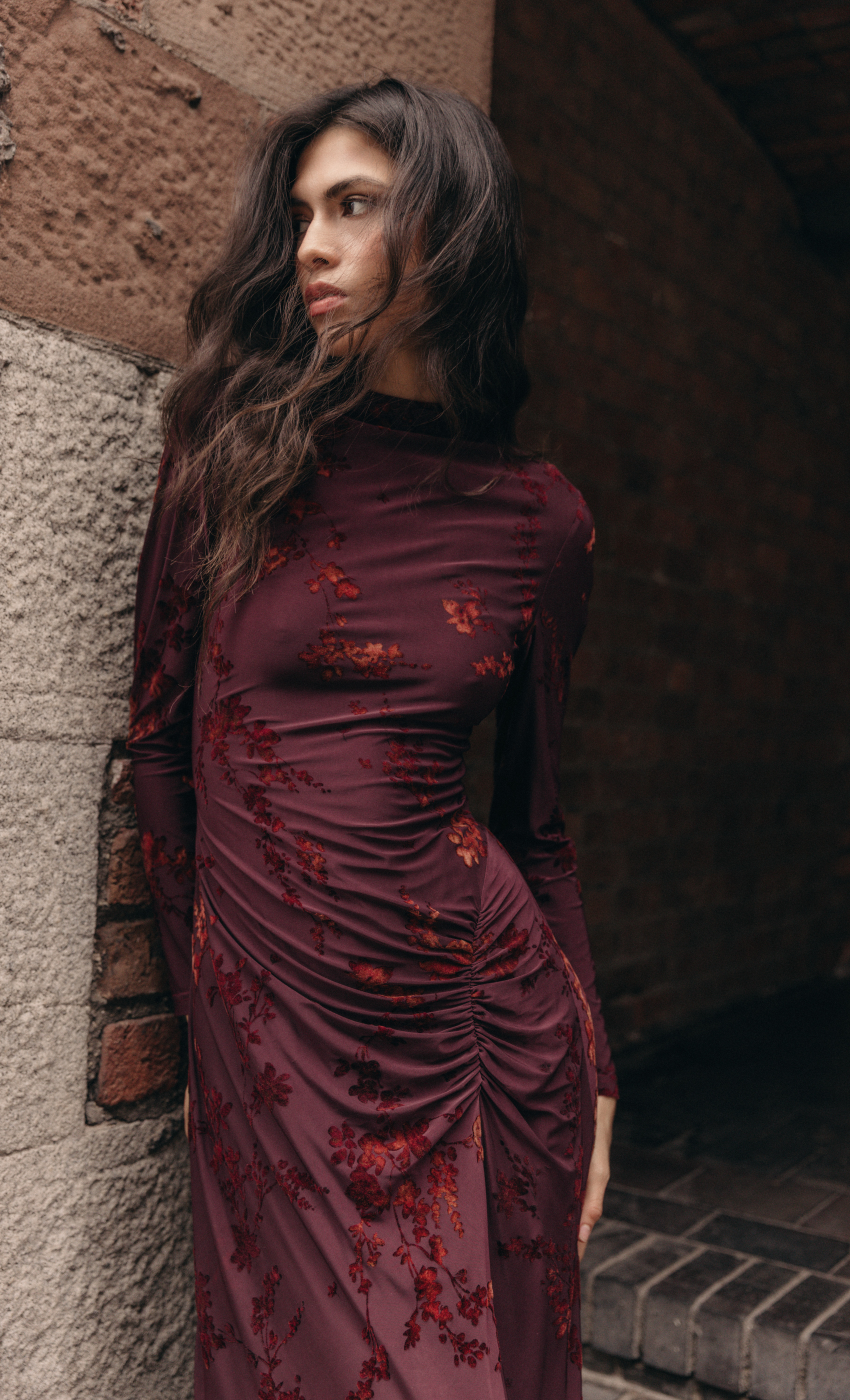 Wine Burnout Ruched Maxi Dress