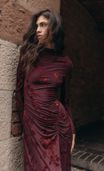 Wine Burnout Ruched Maxi Dress