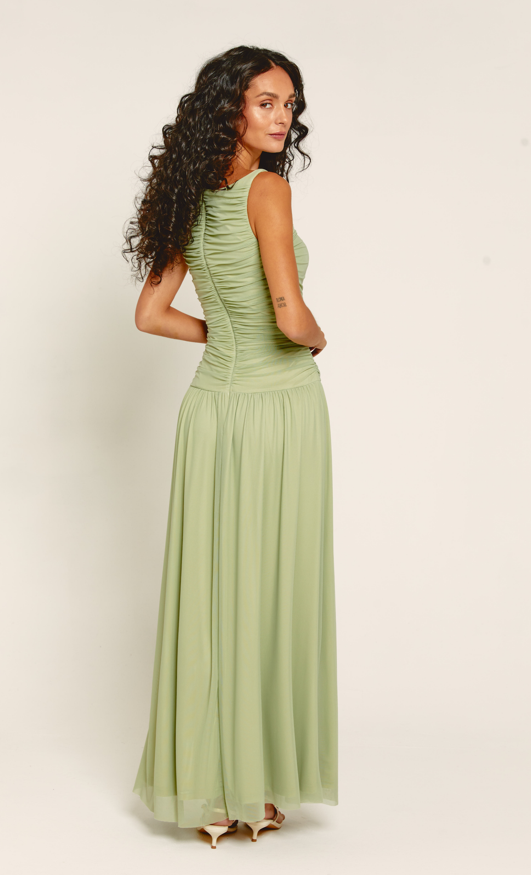 Sage Drop Waist Side Split Mesh Maxi Dress