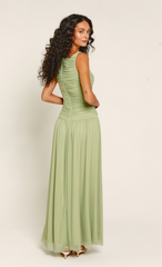 Sage Drop Waist Side Split Mesh Maxi Dress