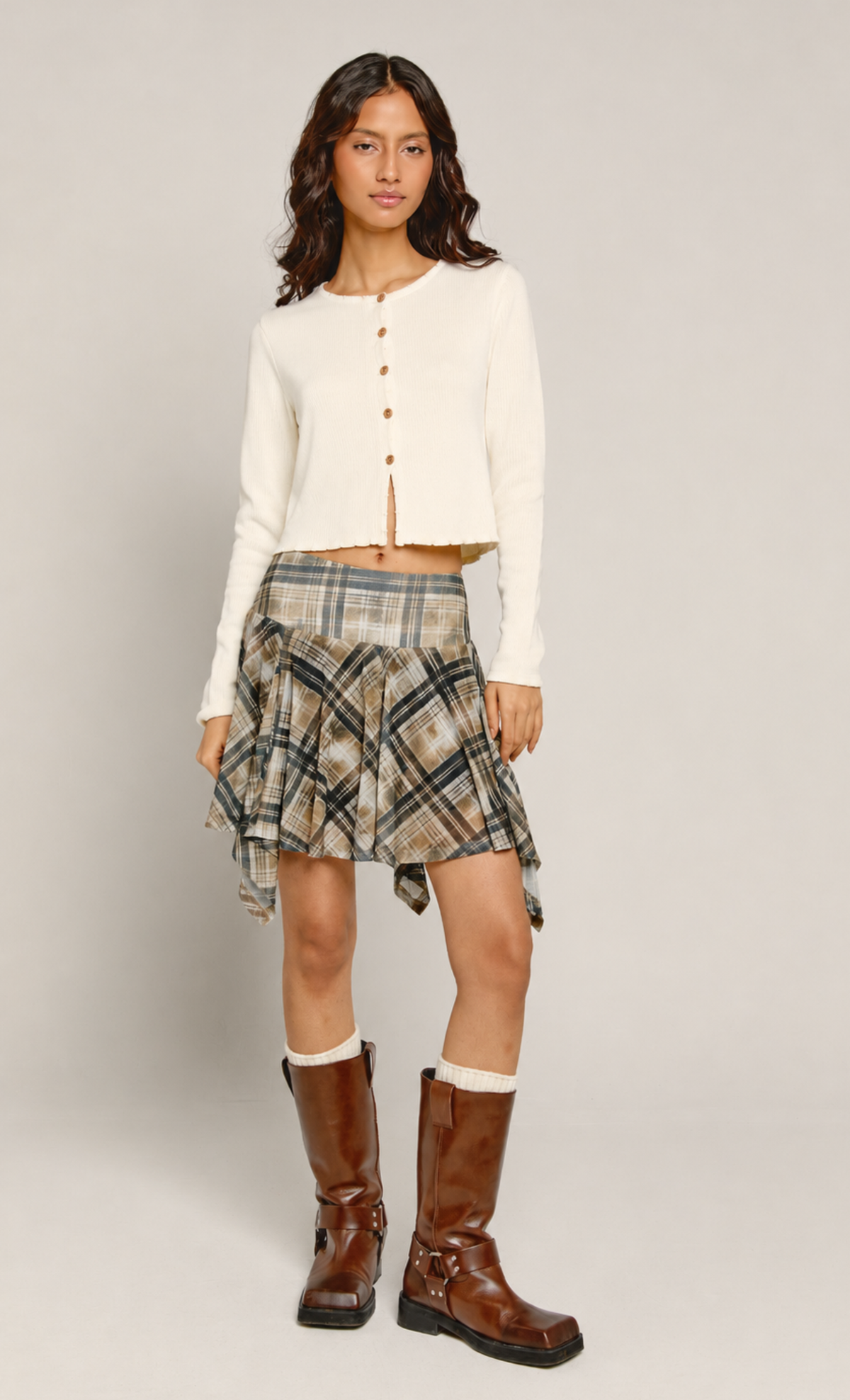 Olive Handkerchief Distressed Check Skirt