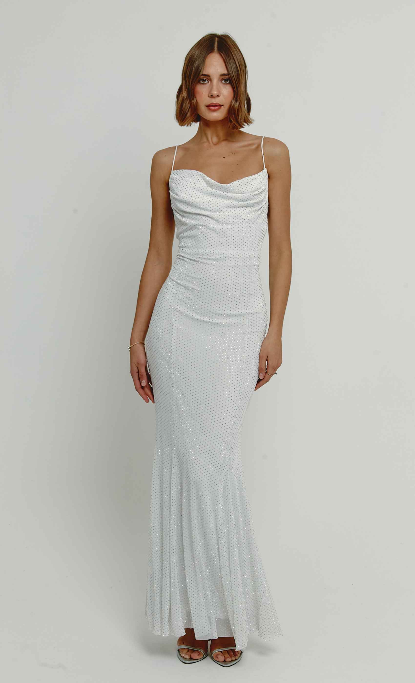 White Diamante Mesh Godet Maxi Dress