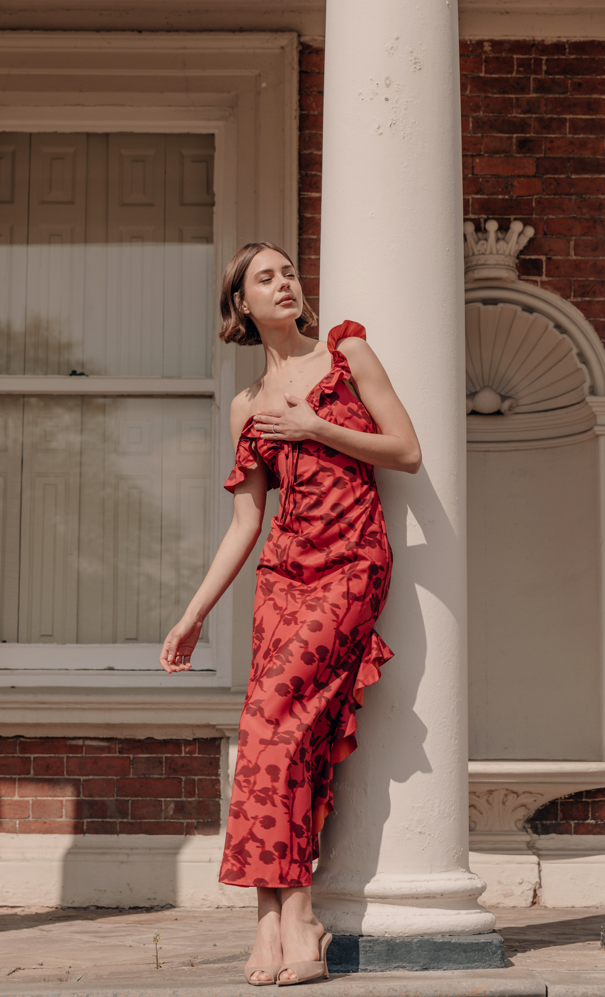 Red Ruffle Side Split Maxi Dress