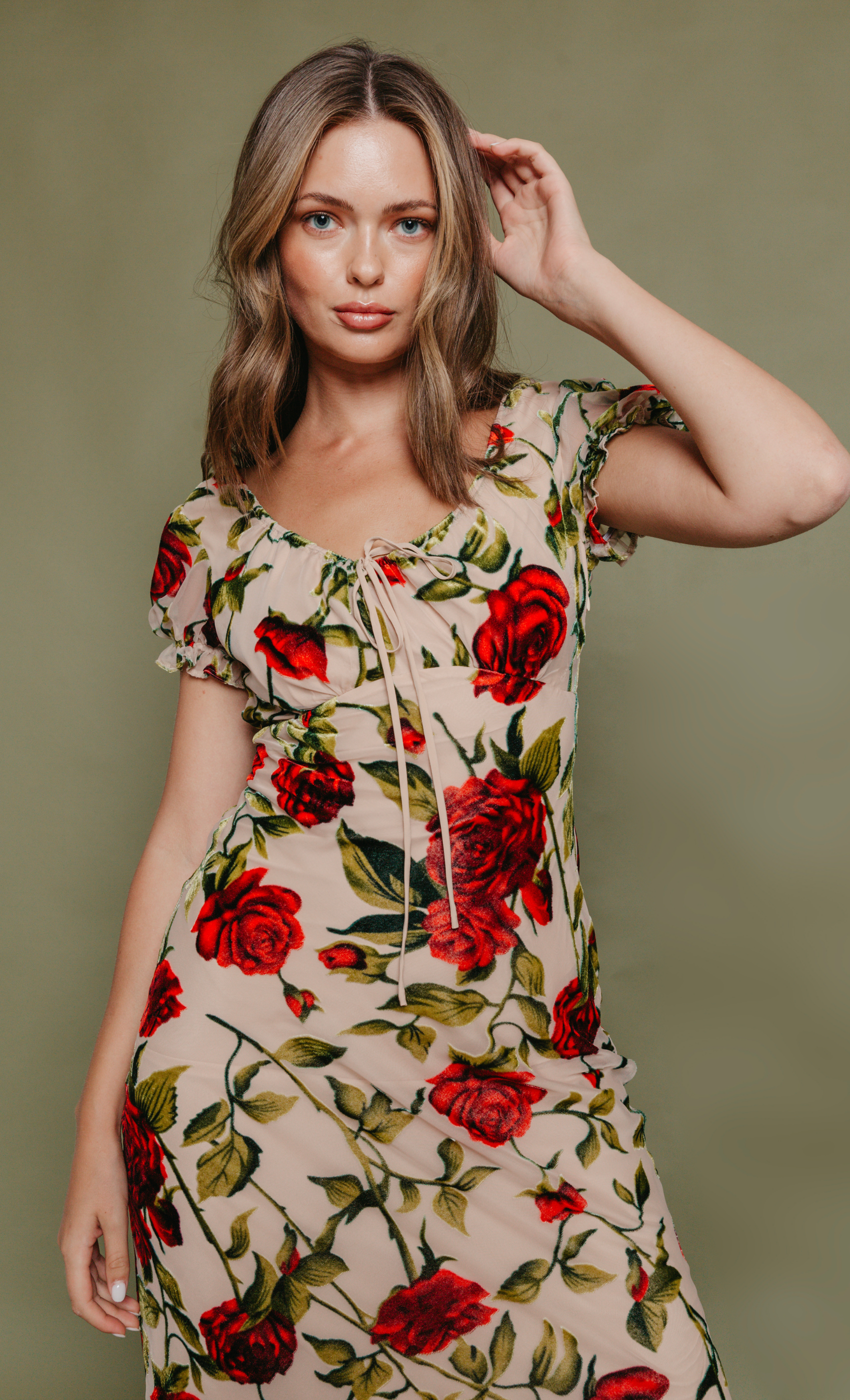 Rose Devore Drawstring Detail Maxi Dress