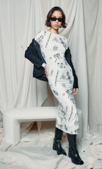 White Doodle Print Mesh Maxi Dress