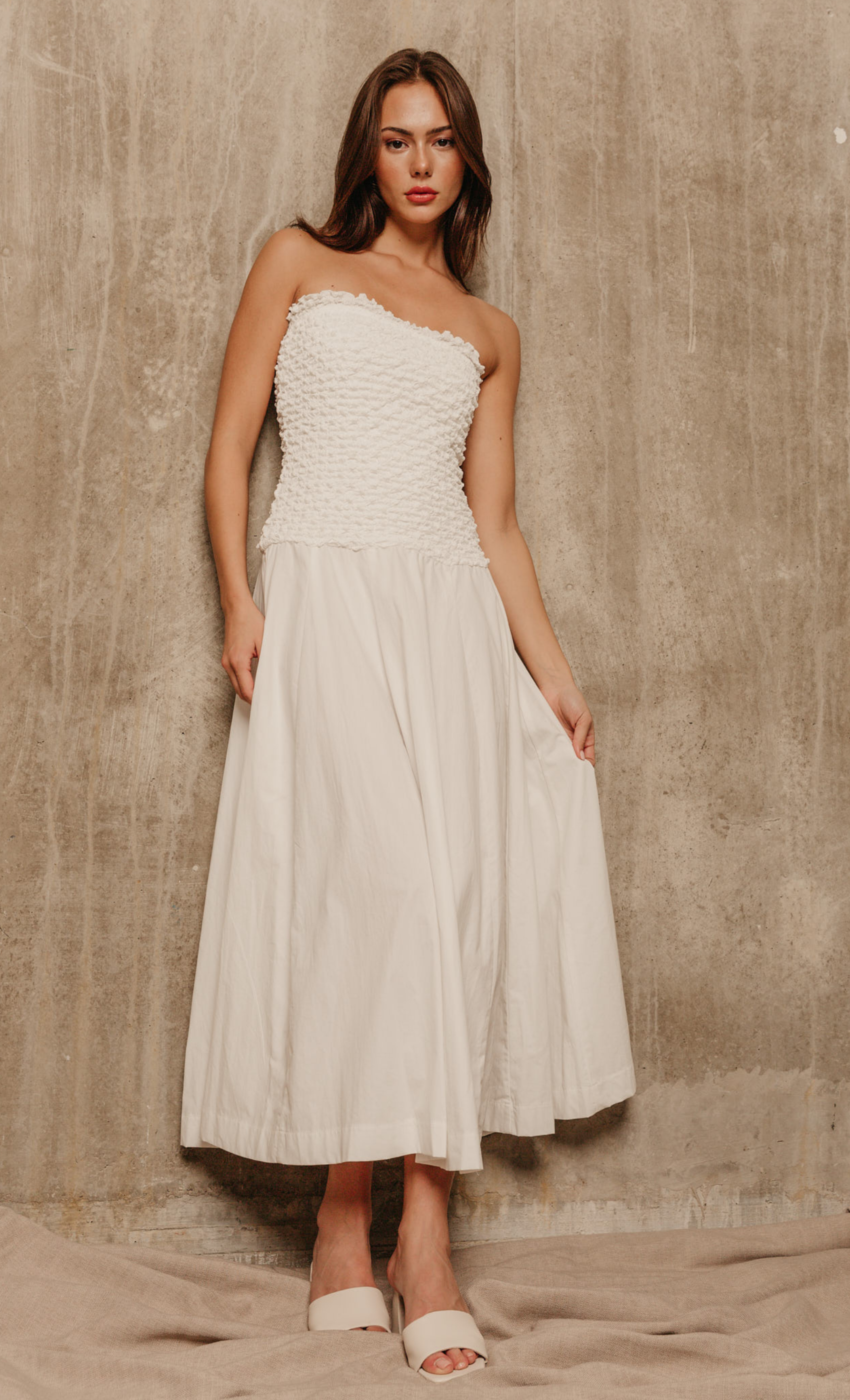 White Drop Waist Textured Maxi Dress