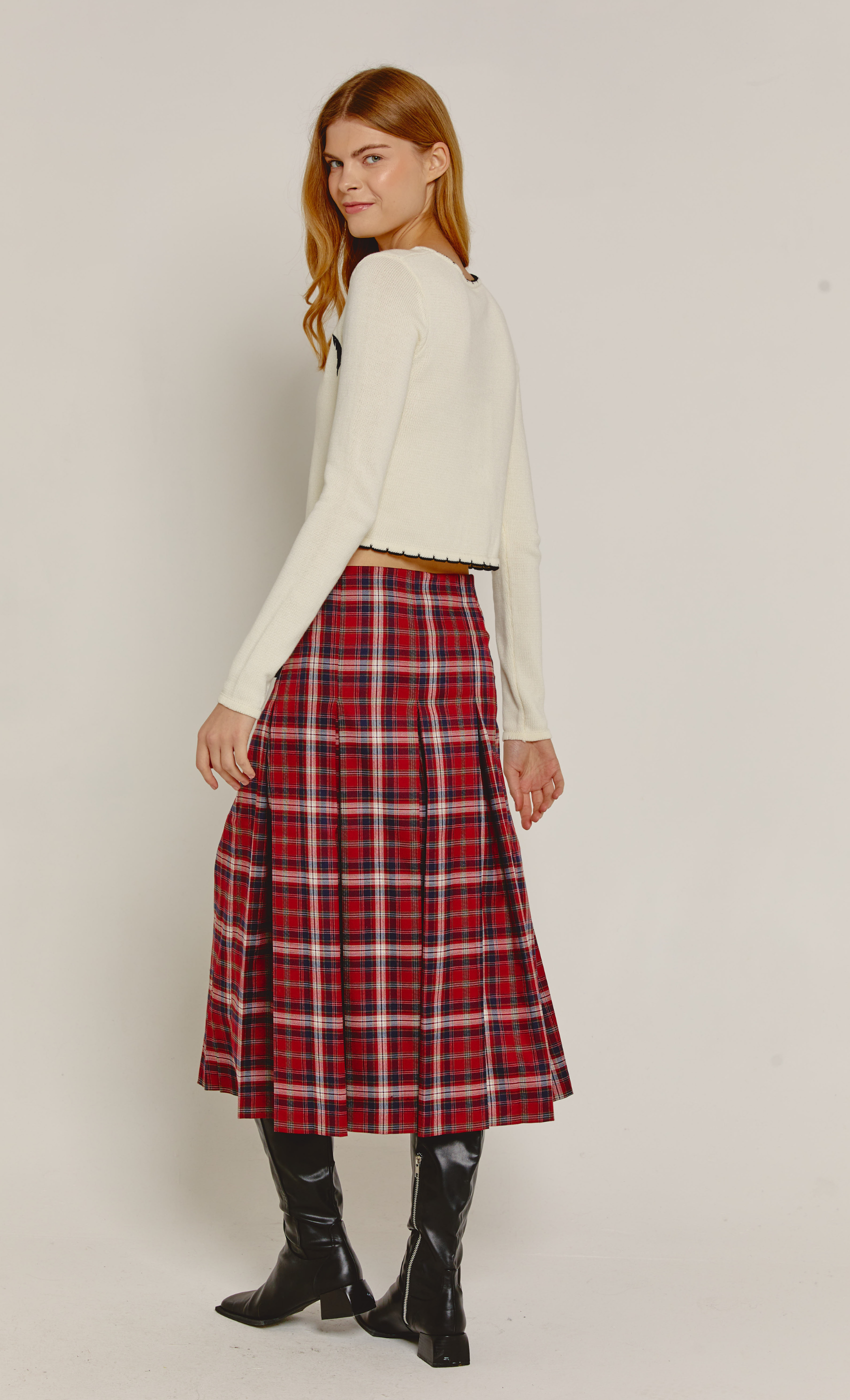 Red Tartan Buckle Detail Midi Skirt
