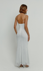 White Diamante Mesh Godet Maxi Dress