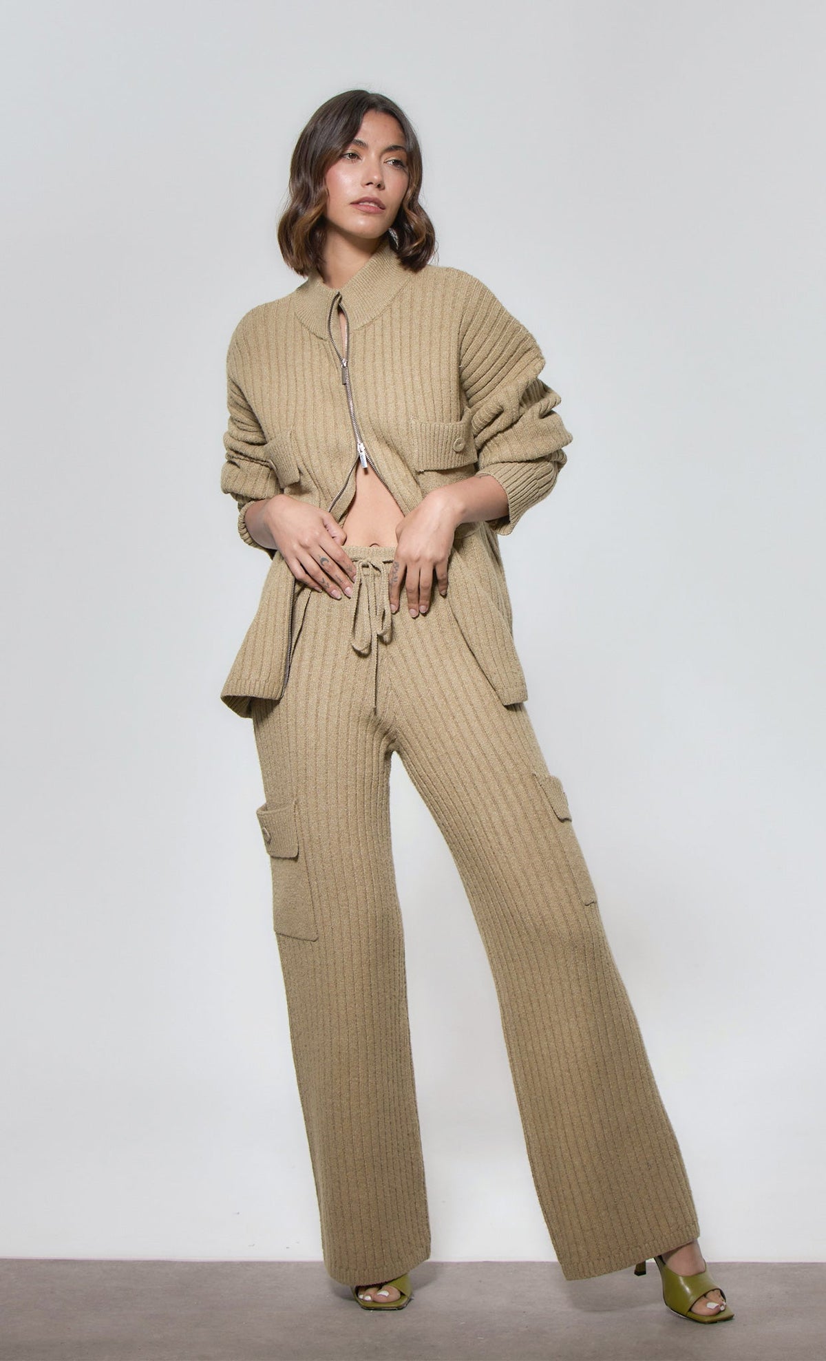 Olive Knitted Zip Up Cardigan