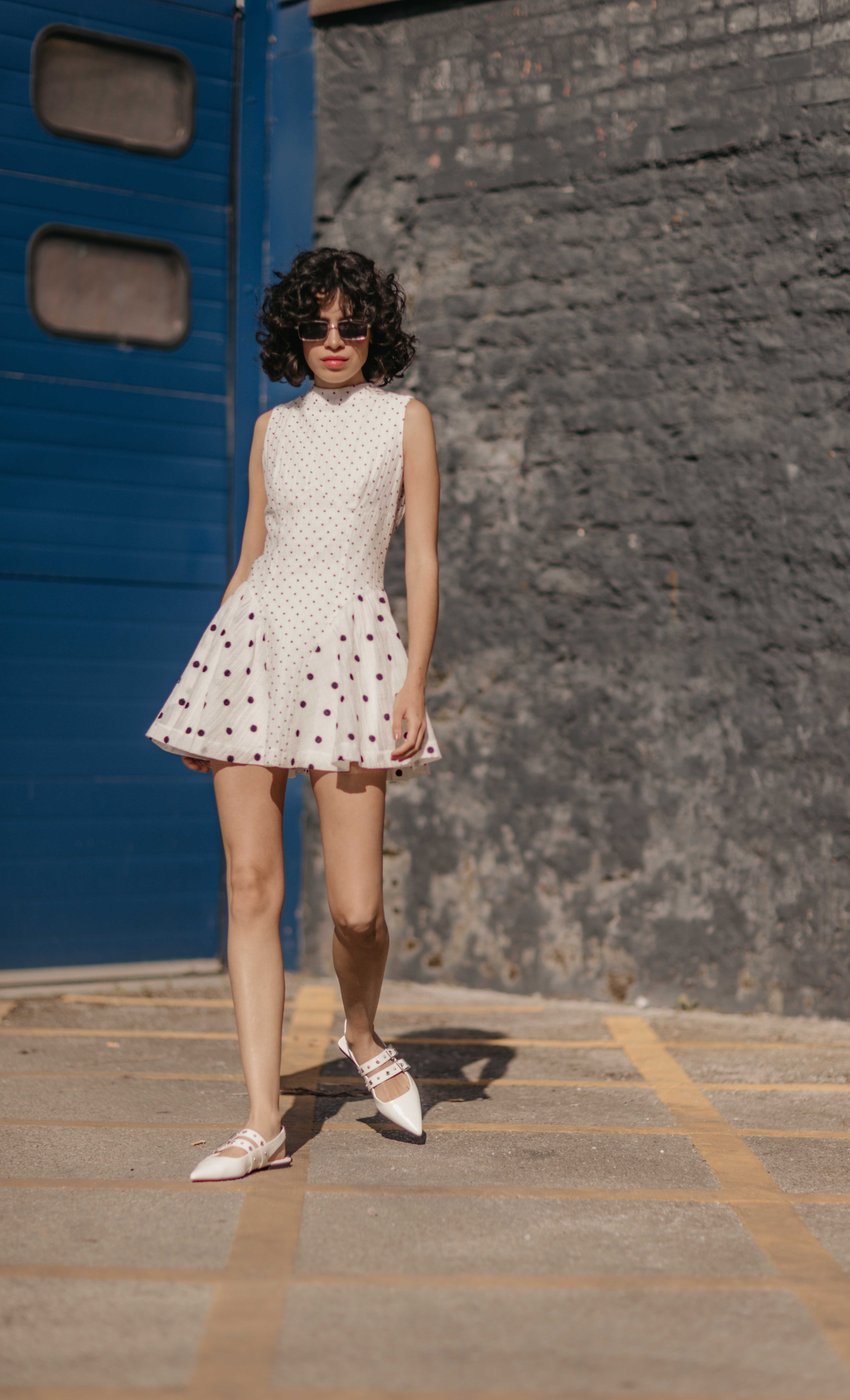 White Polka Dot High Neck Mini Dress