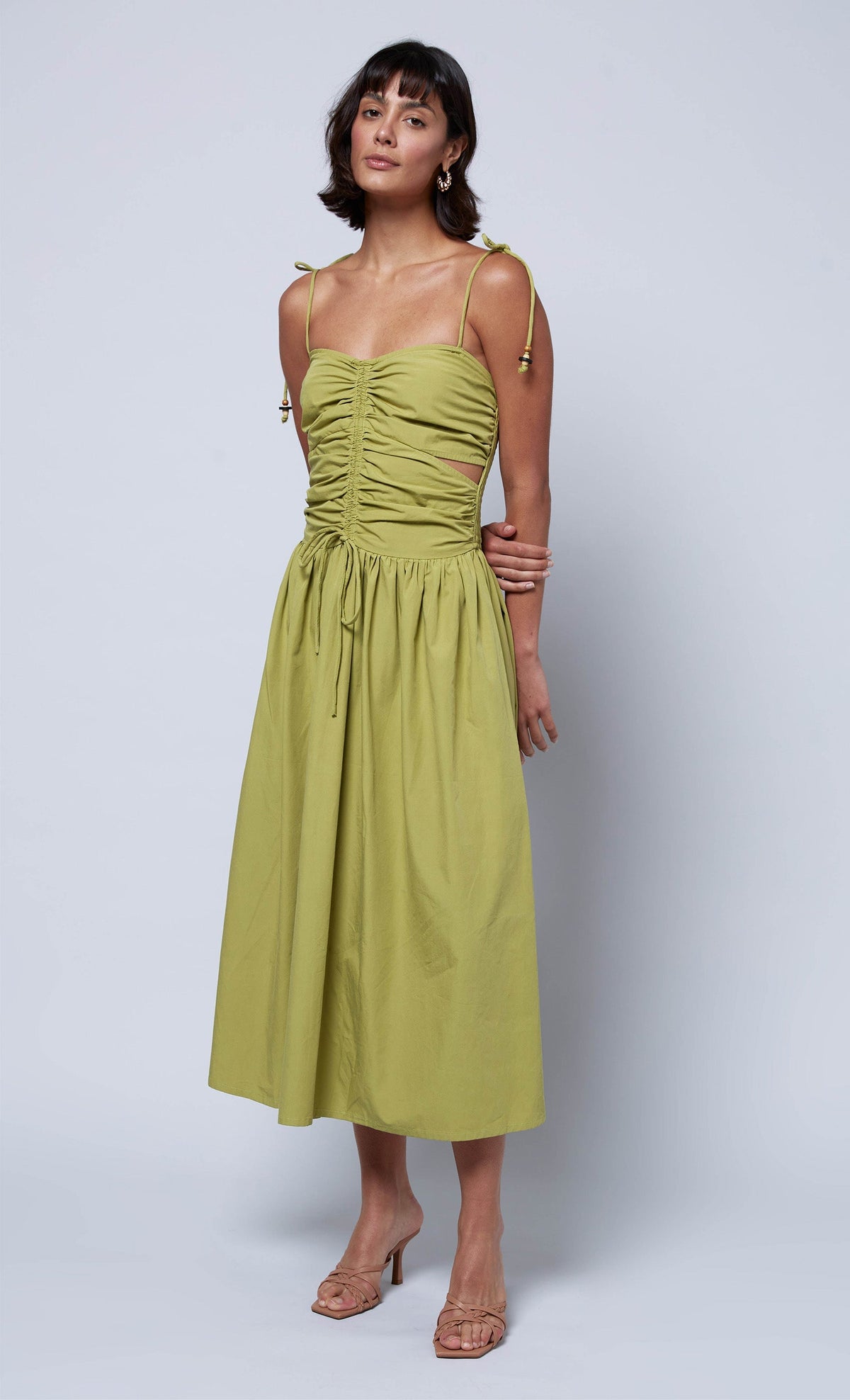 Olive Green Drawstring Midaxi Dress with Cut-Out Details